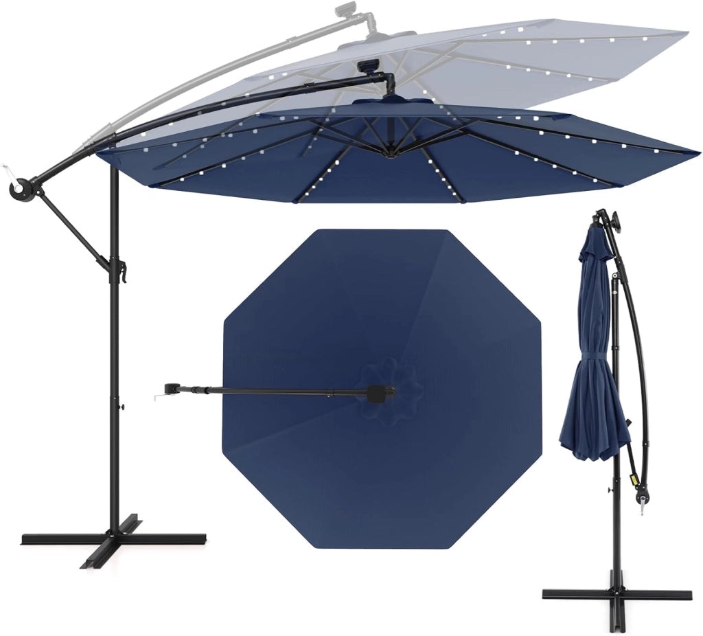 Ombrellone da Giardino 3m con Luci Solari, Ombrellone da Patio Anti UV con Base Croce, Ombrellone a Manovella da Esterno con Regolazione Inclinazione per Cortile, Piscina