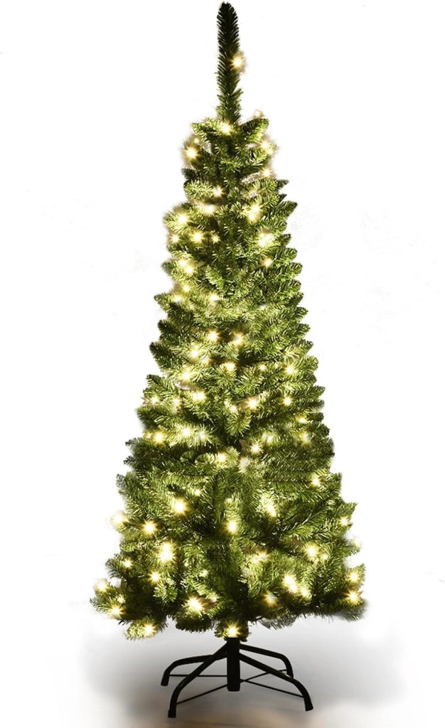 Albero di Natale 135/200/225 cm, Albero di Natale Slim con 150/250/350 Luci a LED Calde, 226/708/1085 Rami Folti e Base di Metallo, Ideale per Casa, Ufficio e Negozio (200 cm)