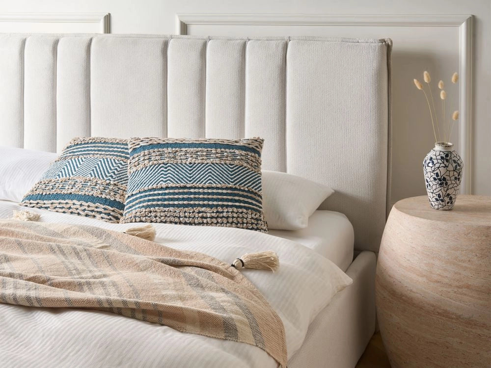 Set di 2 cuscini decorativi beige e blu in cotone 45 x 45 cm Modello geometrico fatto a mano fodera rimovibile con imbottitura stile boho