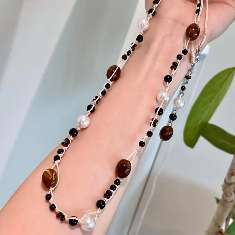 Collana vintage con perle di cristallo: gioiello marrone fatto a mano, idea regalo