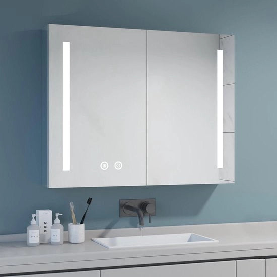 Specchio bagno con illuminazione - 65 x 60 cm - acciaio inossidabile - specchio bagno ampio con luce - 2 porte scorrevoli - specchio LED - regolatore di luminosità a tocco - 3000 K/4000 K/6500 K regolabile