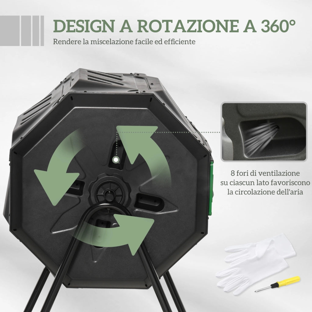 Compostiera da Giardino 2 Sezioni Rotante ¨C Zephmum ¨C Acciaio e PP, 71x65x96 cm, Nero