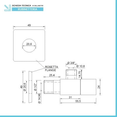 Rubinetto sottolavabo quadrato 1/2 x 3/8 cromato