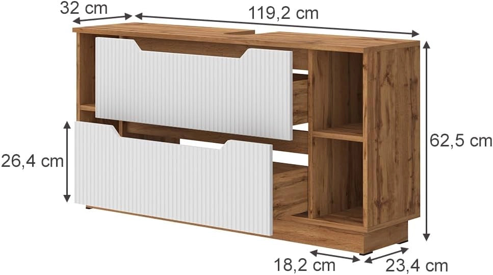 Mobile sottolavabo per bagno Lotta, Rovere/bianco a strisce, 119.2 x 62.5 cm con 2 cassetti