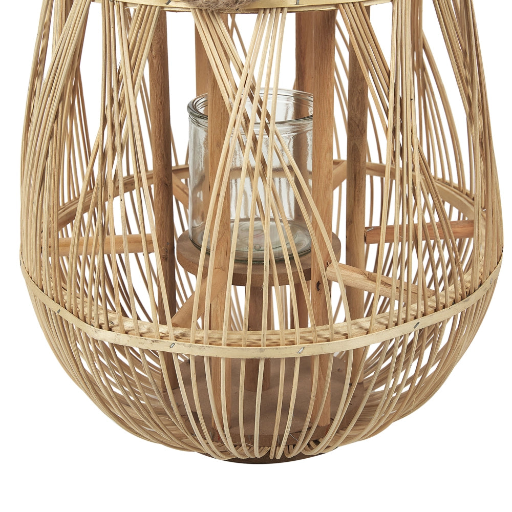 Lanterna leggera in legno di bambù e vetro 56 cm Portacandele intrecciato per interni ed esterni Boho scandinavo