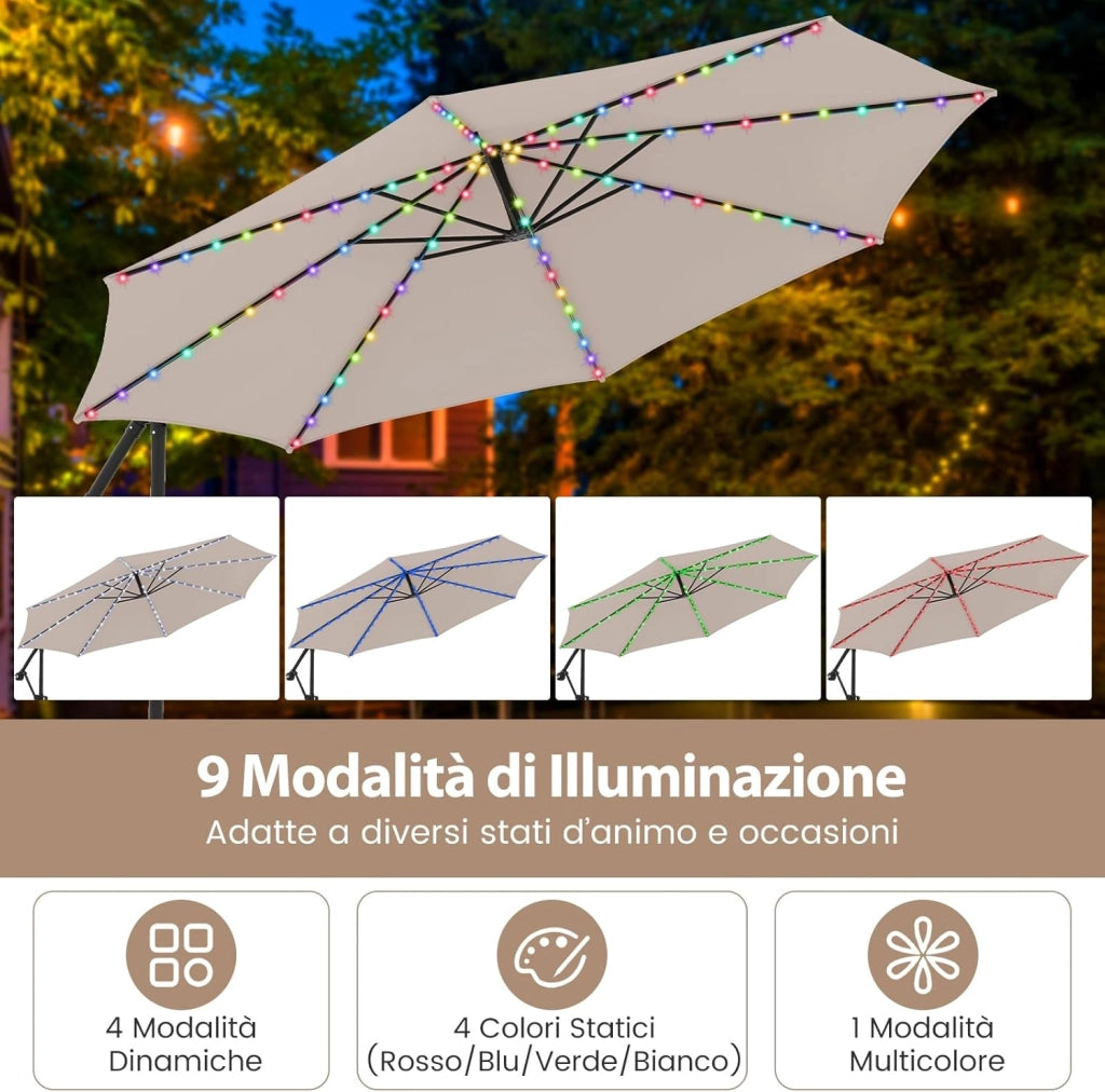 Ombrellone da Giardino 290 cm, con 96 Luci LED, Ombrellone Esterno con Base, Inclinazione Regolabile, Rotazione a 360°, Manovella, Parasole da Giardino (Beige)