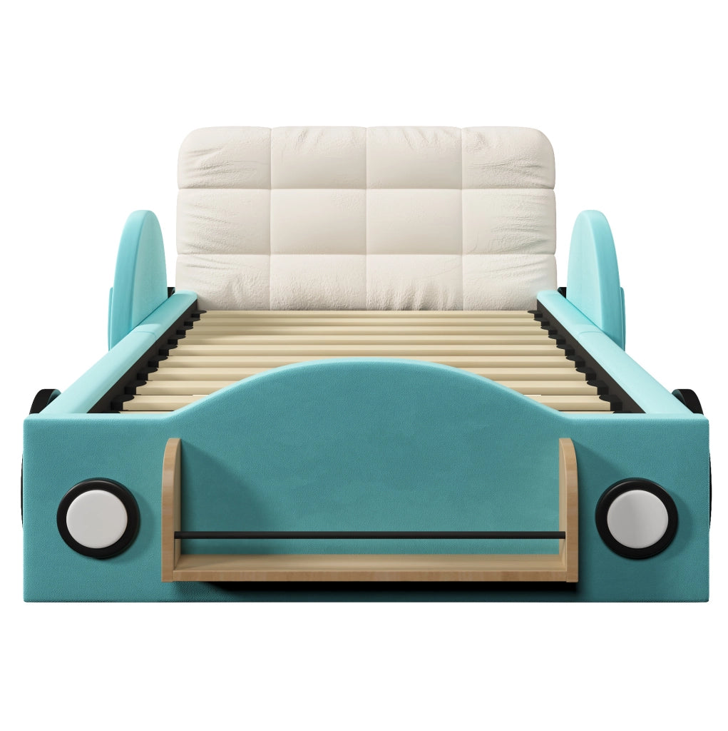 Letto imbottito 90x200 cm con contenitore idraulico; tasche laterali e cuscino grande in flanella blu