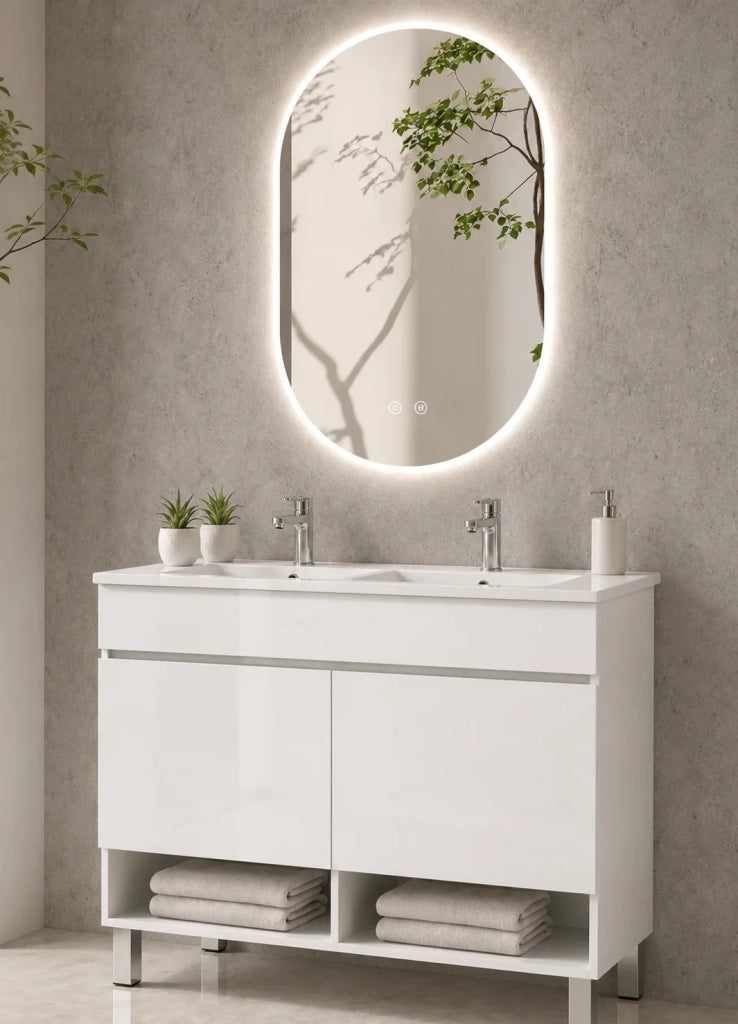Mobile bagno con piedini con lavabo extrapiano ORIGENBATH NEBARI senza specchio 120x45 cm doppio lavabo bianco
