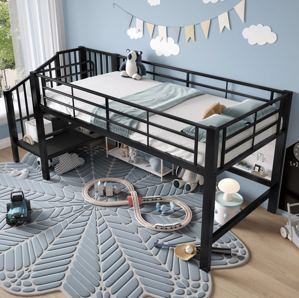 Letto semialto per bambini 90x200 cm con scala contenitore in MDF e metallo nero