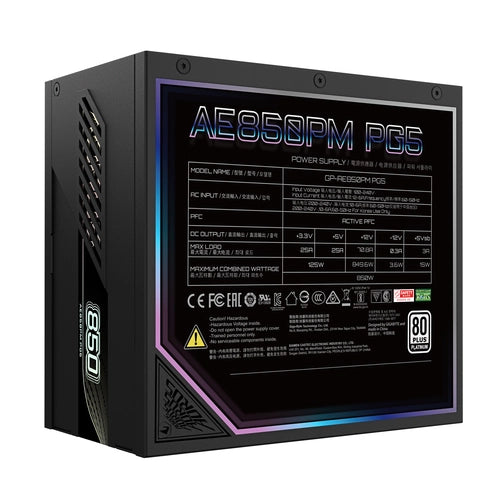 GIGABYTE AORUS ELITE P850W Alimentatore - PCIe 5.0, 80 PLUS Platinum, Design completamente modulare, Ventola da 120 mm, Compatibile con ATX 3.0, Spina EU