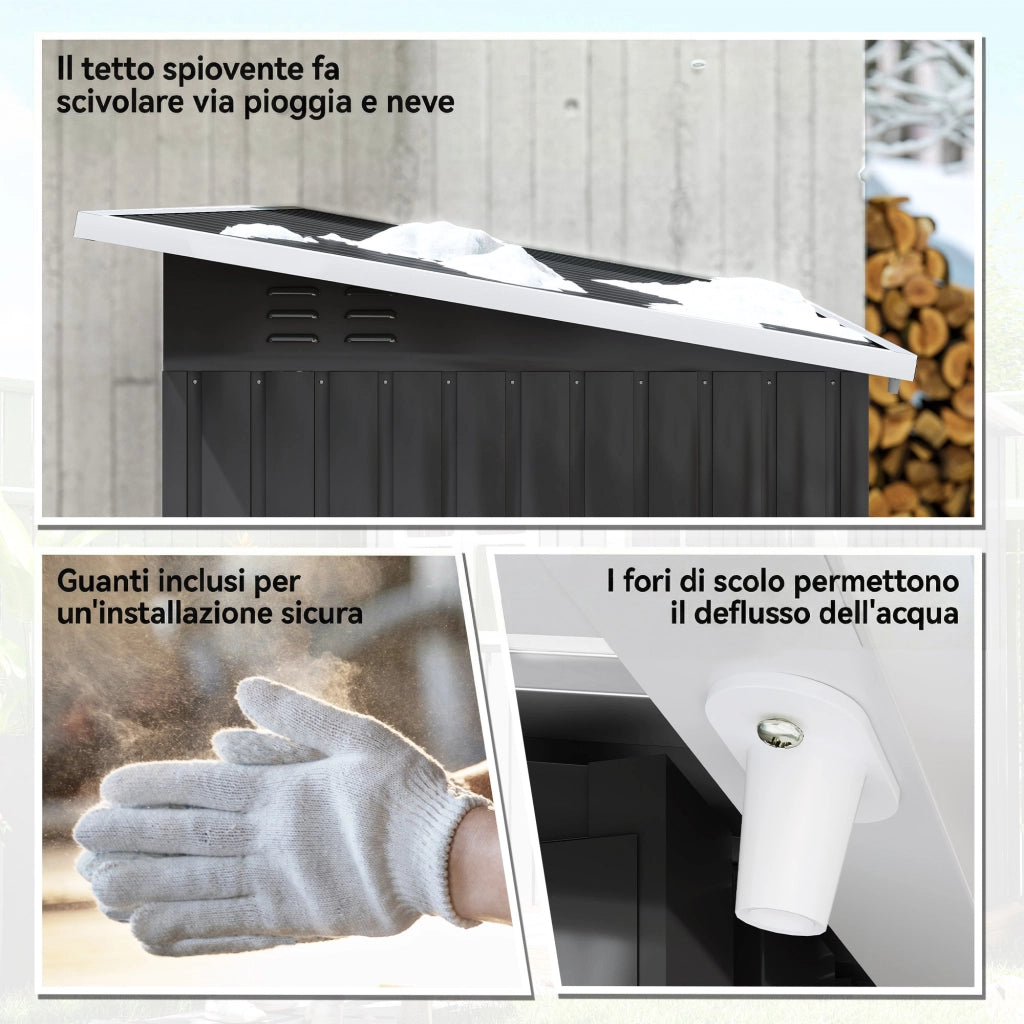 Casetta Box da Giardino 211x133x173/190 cm con Kit di Fondazione Porta Blocco Tetto Inclinato in Acciaio Zincato Grigio