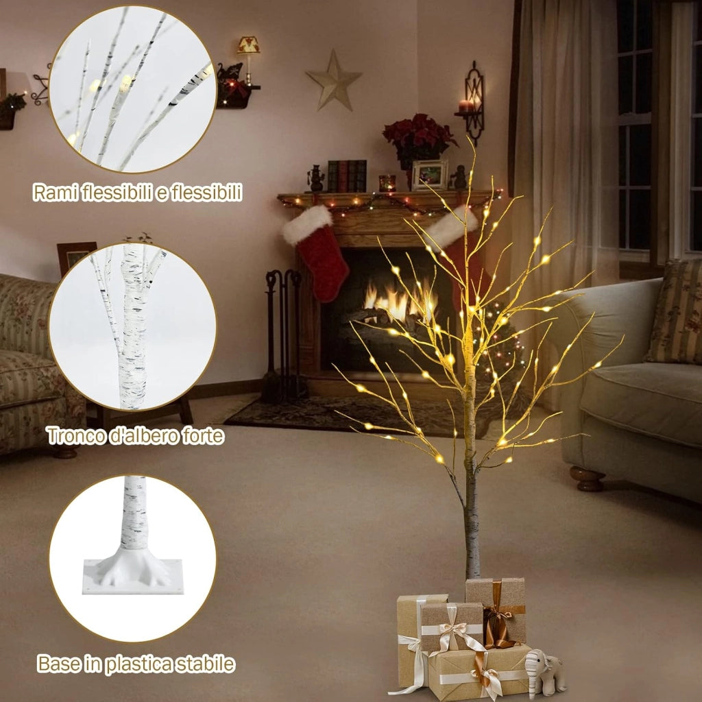 Albero Artificiale Illuminato 120 cm con Rami di Betulla, Albero di Natale Bianco con Luci LED Calde e Bianche, Decorazione per Interno per Natale Pasqua