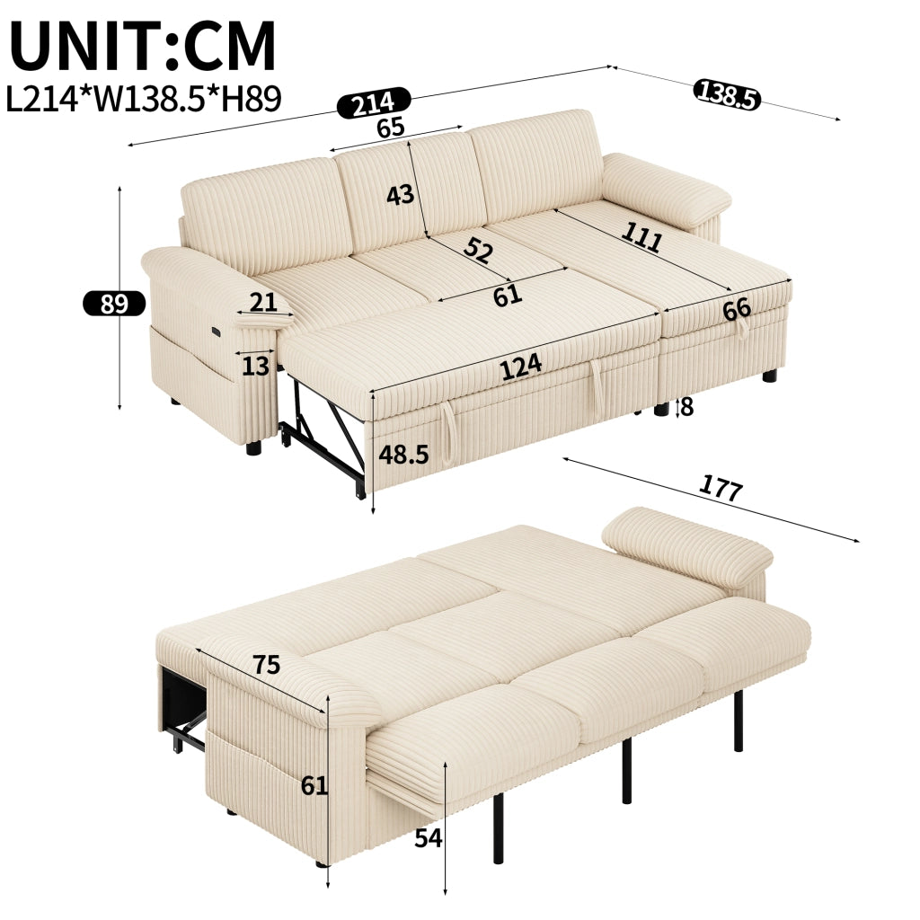 Divano angolare a L con letto estraibile e chaise longue reversibile; beige