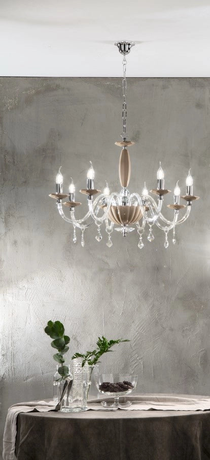 LAMPADARIO CECILIA 8 LUCI VETRO E CRISTALLO TORTORA E TRASPARENTE ATTACCO E14 D.85CM
