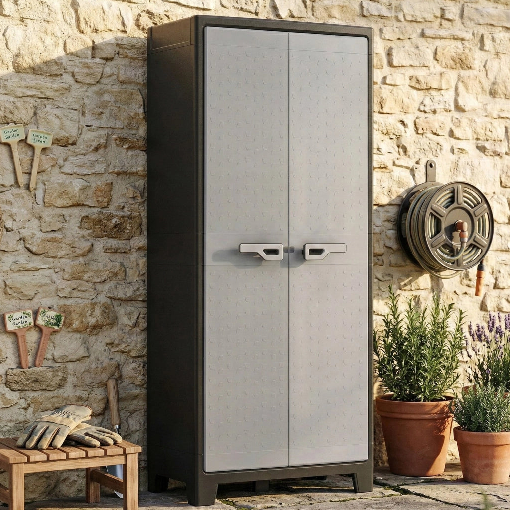 Armadio da esterno Oshawa, Mobile outdoor, Mobiletto giardino multiuso, Contenitore per balcone o garage, Made in Italy, 80x44 h182 cm, Grigio