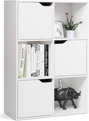 Armadietto Libreria a 3 Livelli, con 6/9 Scomparti, 3/5 Ante, Mobiletto Portalibri Moderno, Multiuso e Salvaspazio, Ideale per Soggiorno, Studio, Ufficio, Camera (Bianco, 60x29x90 cm)