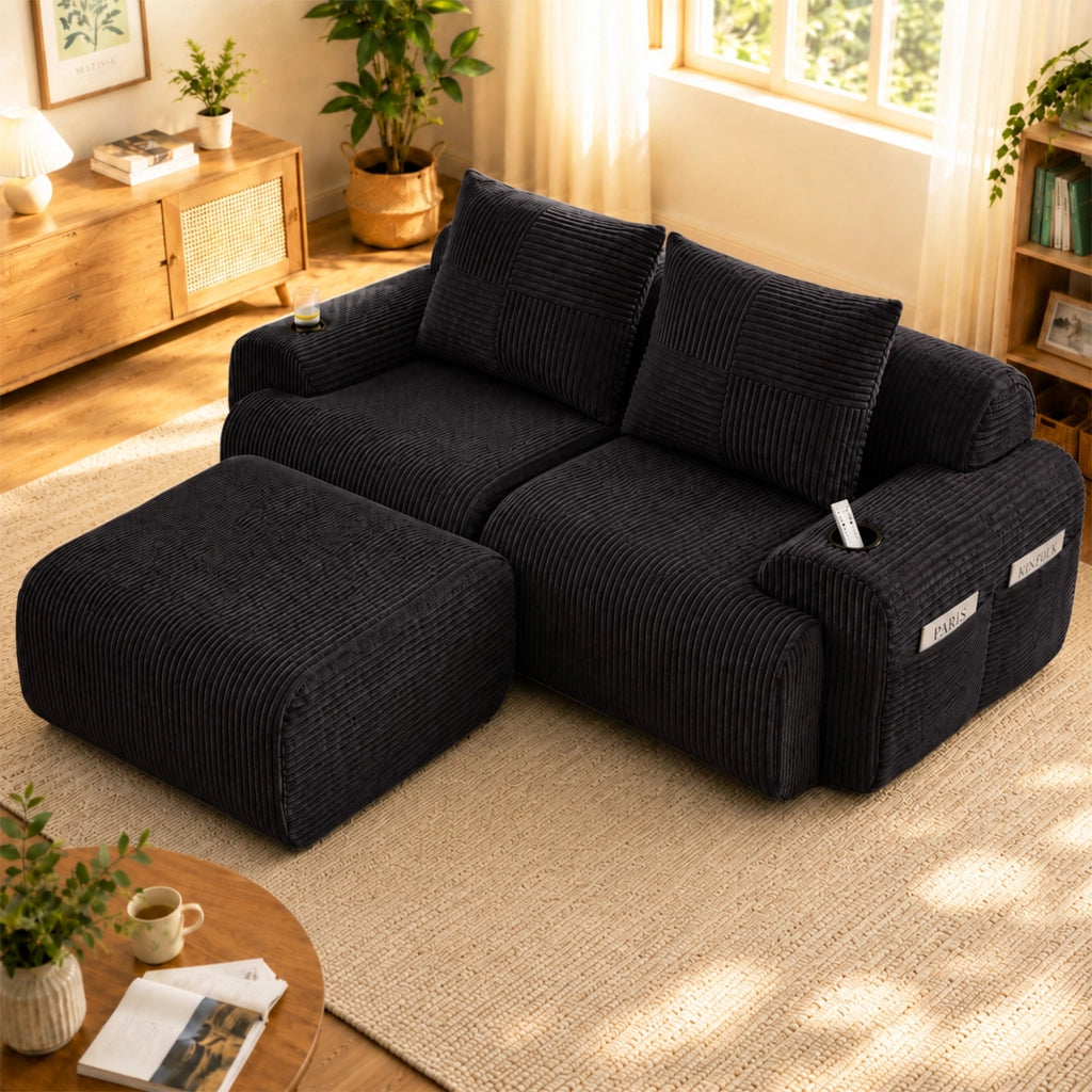 DIVANO modulare 2 posti 200x174x80 cm in velluto a coste nero con pouf