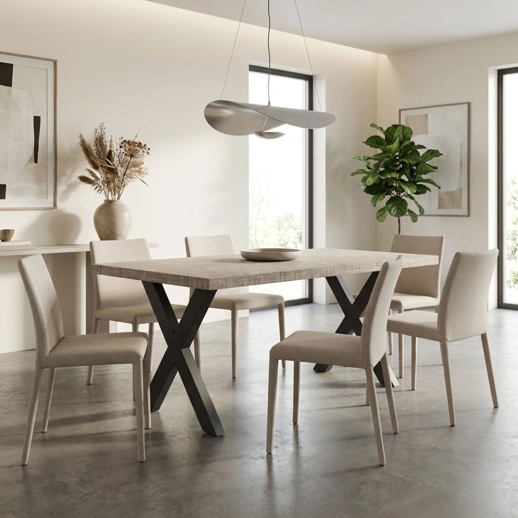 Tavolo da pranzo in legno e metallo con piedi x-shaped nero 220x100 cm Grigio Testurizzato