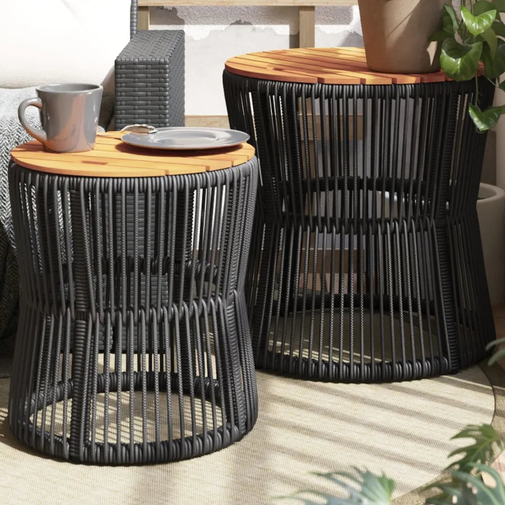 Tavolini da Giardino 2 pz | Tavolino da esterno con Piano in Legno Neri in Polyrattan