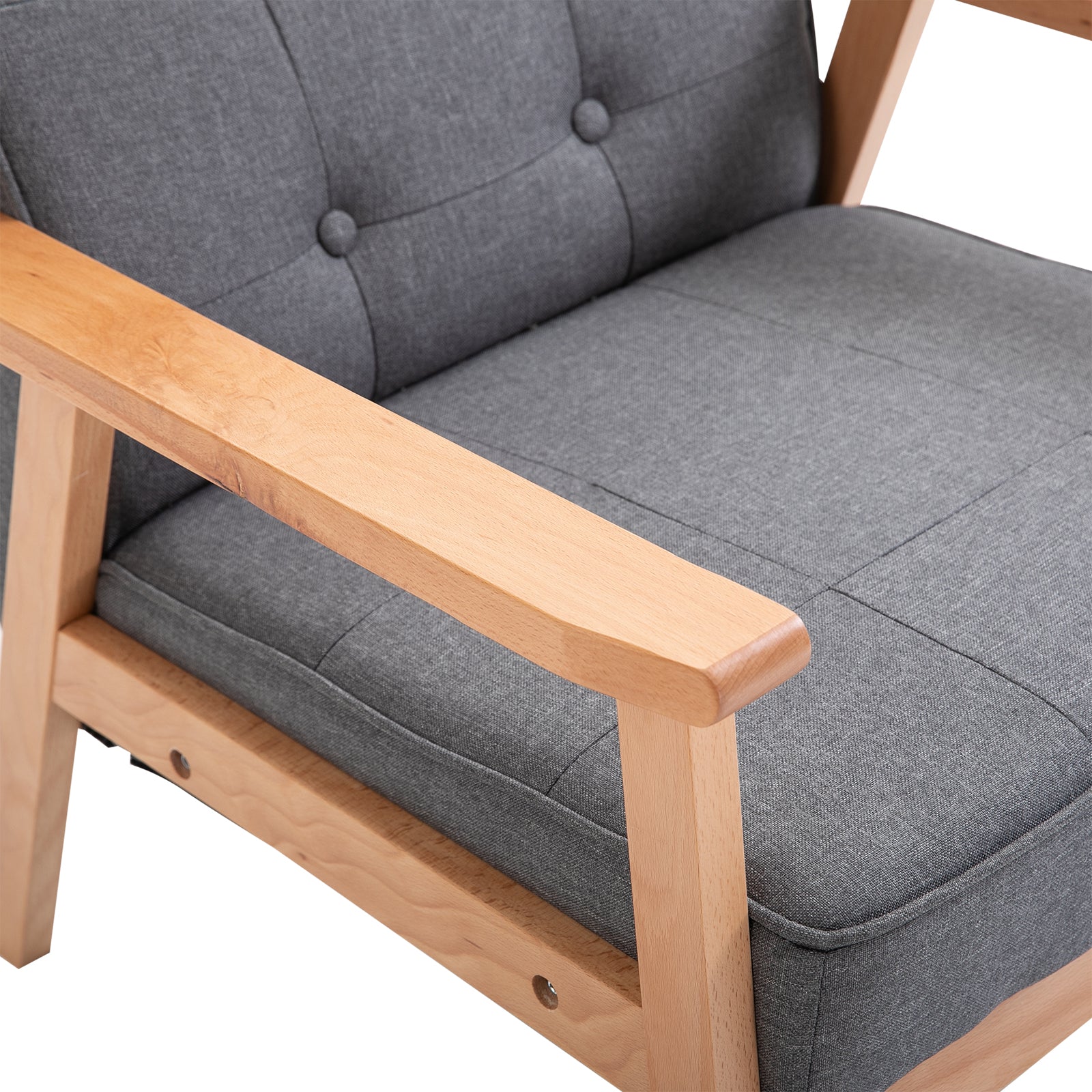 Poltrona Stile Nordico Retrò in Legno con Rivestimento in Lino  Grigio Chiaro