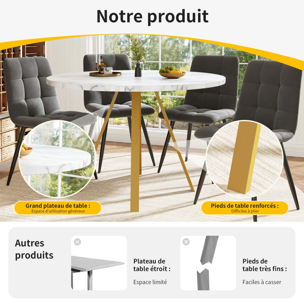 Tavolo da pranzo per 4 persone con 4 sedie in MDF e metallo sedute in velluto moderno bianco oro per cucina