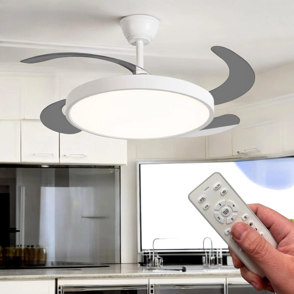 Ventilatore da soffitto con lampada LED 40W, pale a scomparsa, 6 velocità, telecomando e selezione temperatura colore dimmerabile