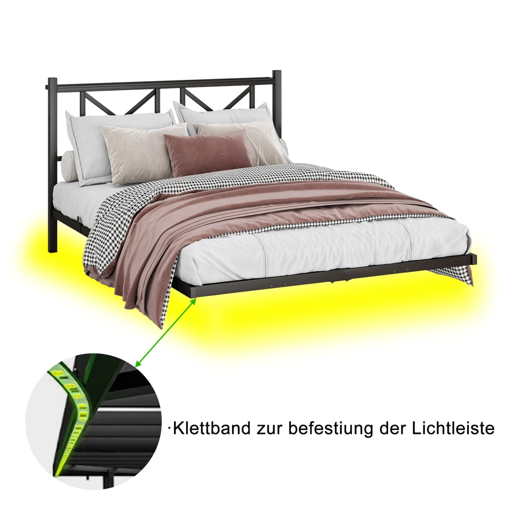 Letto matrimoniale 140 × 200 cm con illuminazione LED, stazione di ricarica USB, senza materasso, in metallo nero