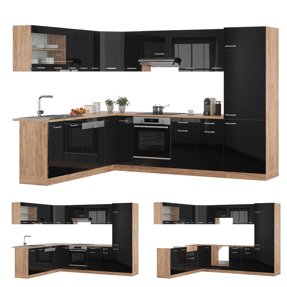 Vicco Cucina angolare completa Rovere nero/oro lucido 227 x 287 cm , PL Marmo