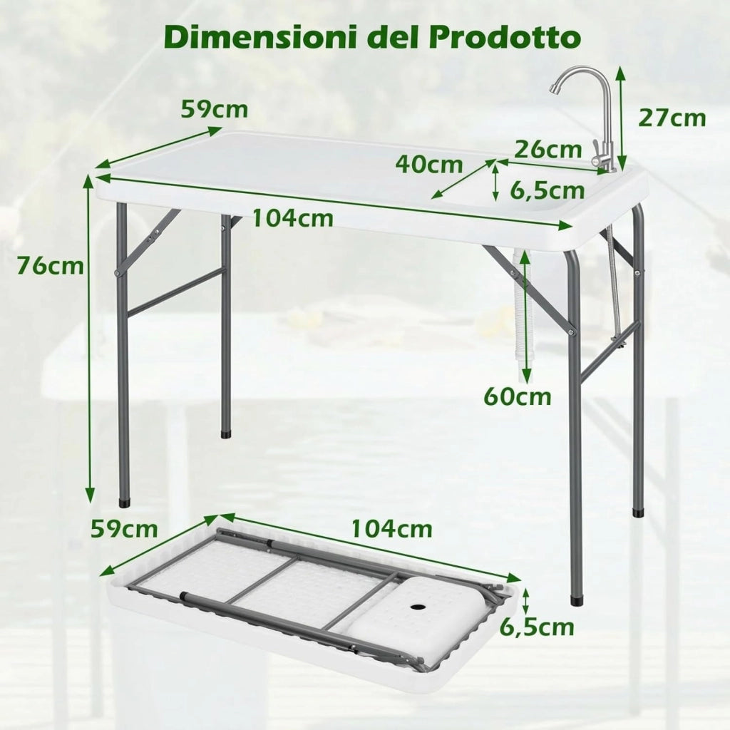 Tavolo da Campeggio con Rubinetto e Lavandino, 104 x 59 cm, Tavolo Pieghevole e Portatile per Lavaggio e Preparazione di Cibi, Pesca e Verdure, per Picnic, Spiaggia, Cortile e Giardino
