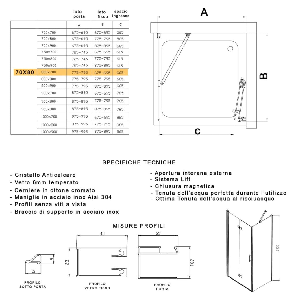 Porta doccia 2 lati porta pieghevole e lato fisso h195cm 6mm rea, misura 70x80