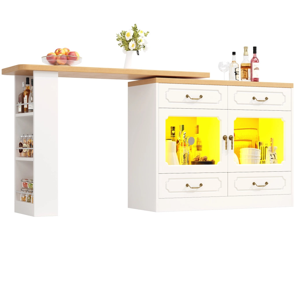 Tavolo da bar estensibile con LED - Zephmum- 135-203¡Á39¡Á92.8cm, 360¡ã rotazione, spazio di archiviazione, bianco