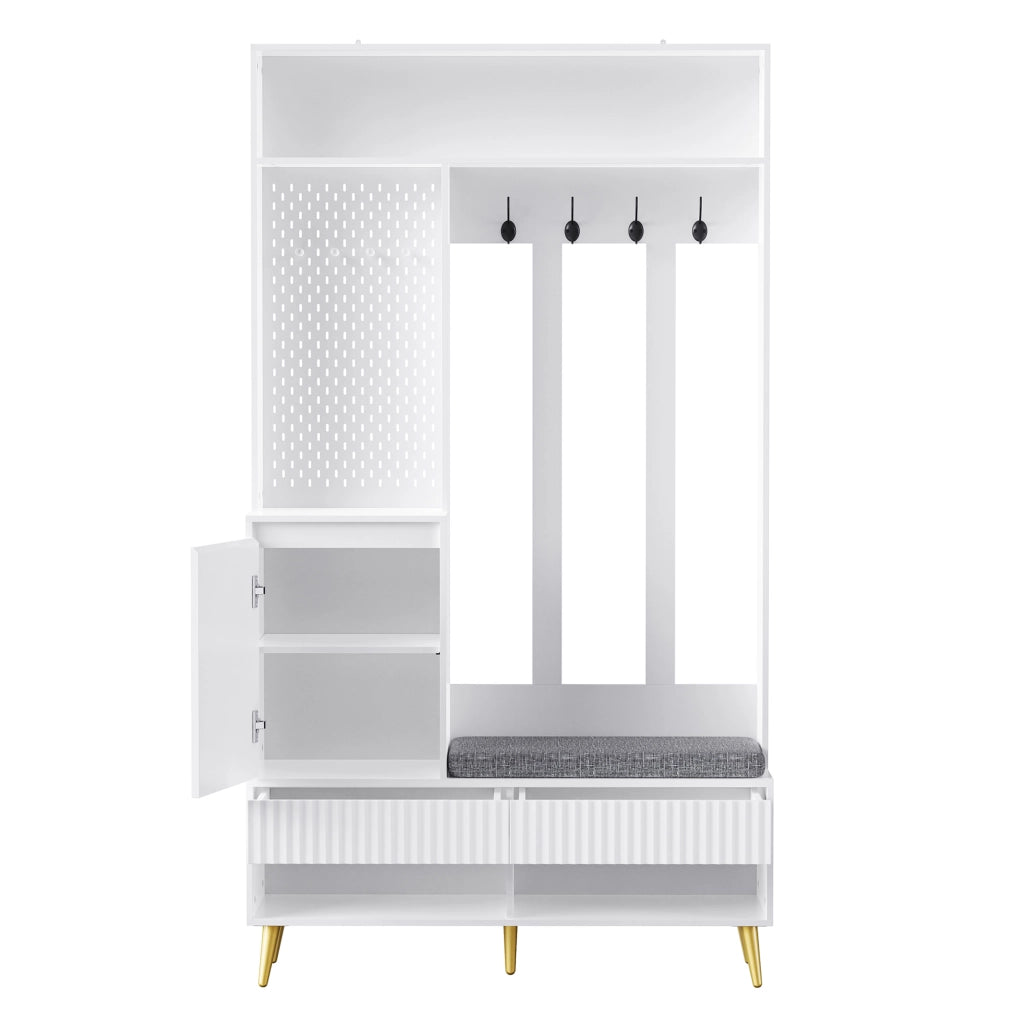Mobile ingresso con panca, appendiabiti a parete, 4 ganci, 2 cassetti e vano contenitore, Bianco, 100x35x180 cm