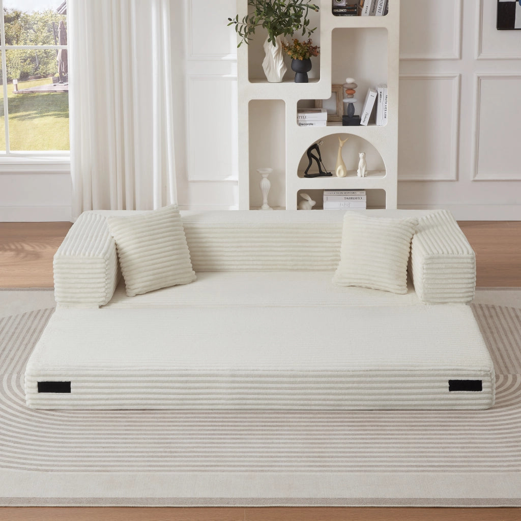 Divano convertibile a 2 posti - con funzione letto - in velluto a coste e schiuma - bianco