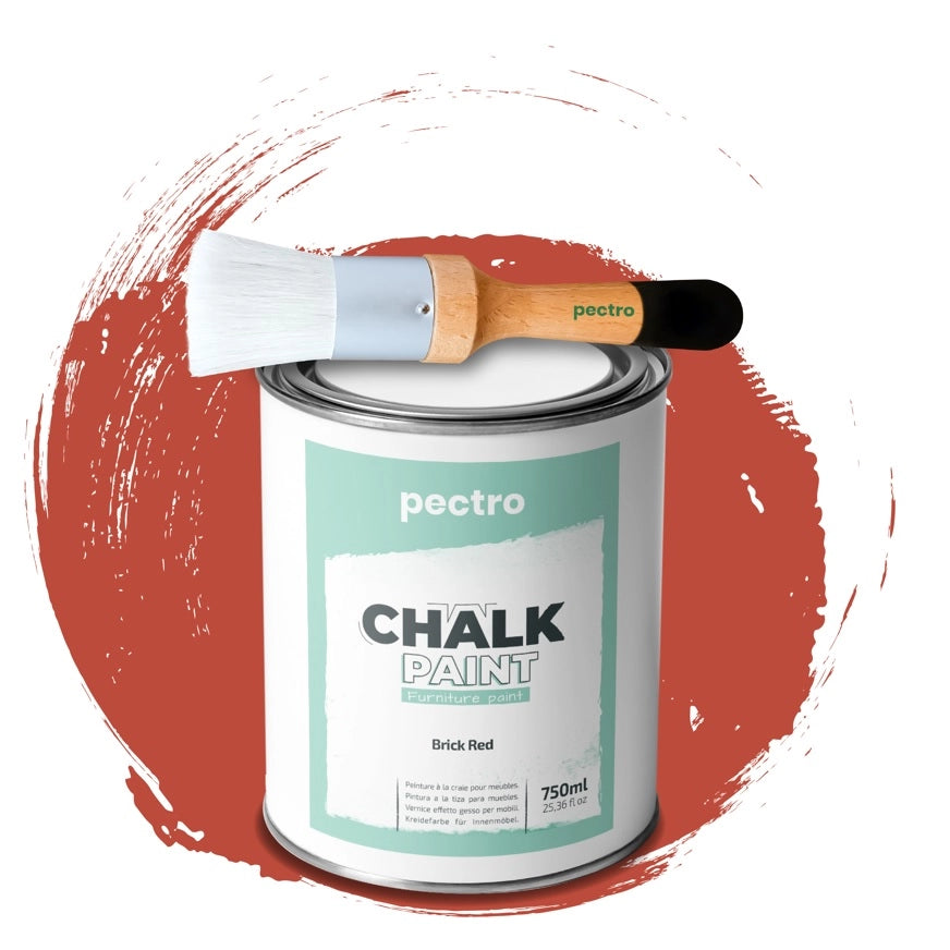 Chalk Paint Vernice a Gesso 750ml + Pennello Tondo in Legno Pack ROSSO MATTONE - Pittura per Mobili Senza Carteggiare