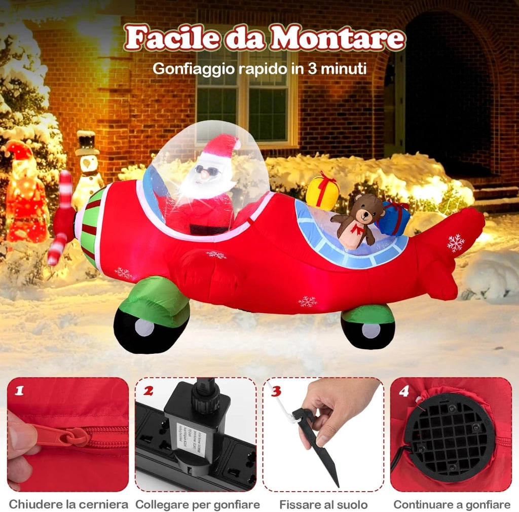 Babbo Natale Gonfiabile su Aereo 120 cm, Decorazione Natalizia da Esterno con Orsetto, Scatole Regalo e Luci LED, Decorazione Gonfiabile Invernale per Festa, per Giardino, Cortile e Casa