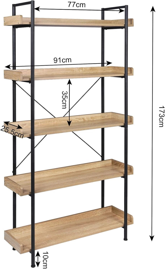 Scaffale per Libri con 5 Ripiani Aperti, Libreria con Struttura in Metallo per Soggiorno/Camera da Letto/Studio, 91x30x173 cm, Rovere Chiaro