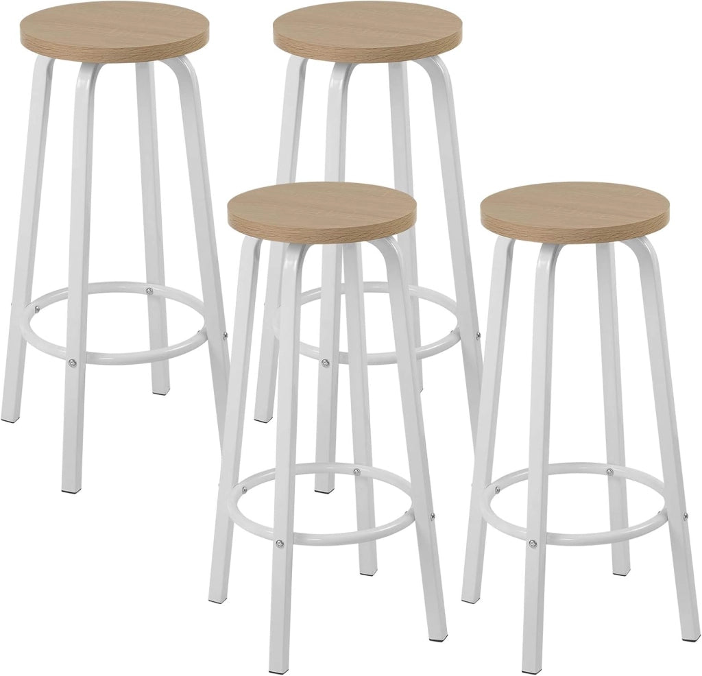 Sgabelli da Bar con Poggiapiedi Seduta Tonda Alta Sedia per Cucina Ristorante in Acciaio e Legno, Set di 4, Rovere Chiaro, BH237hei-4