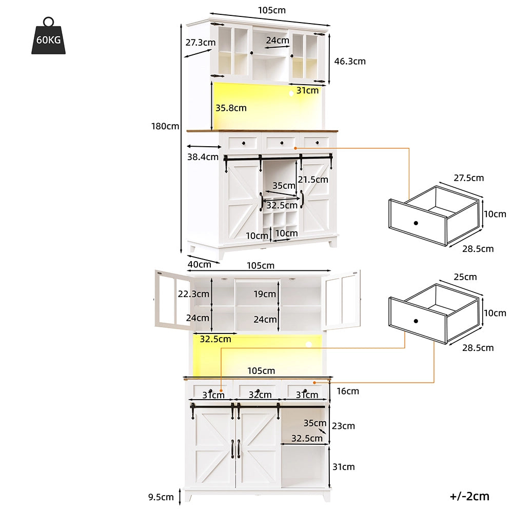 Armadio da cucina - Xylo - 105??38,4??180 cm - Bianco - Vetrina illuminazione LED regolabile