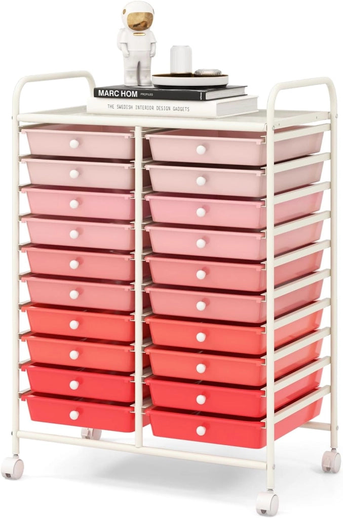 Carrello con 20 cassetti, impilabile, per cassetti, da cucina, bagno, ufficio, 64 x 39 x 88 cm (rosso + rosa)