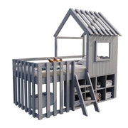 Letto a soppalco per bambini 90×200 cm con tetto; finestre; scala e vano portaoggetti; senza materasso; grigio