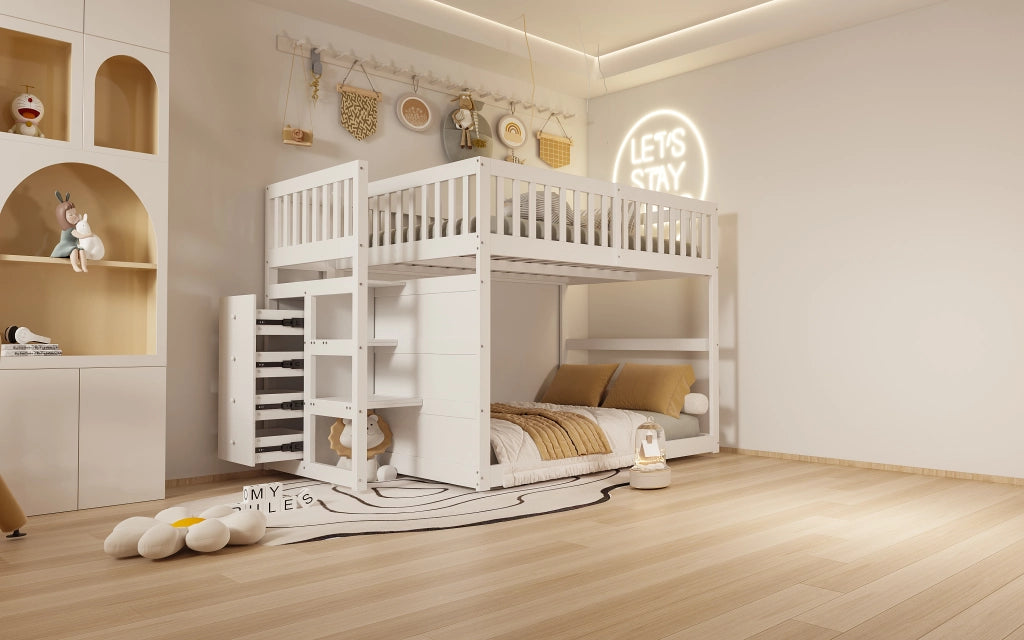 LETTO A CASTELLO BASSO 140x200 cm in legno bianco con 4 cassetti