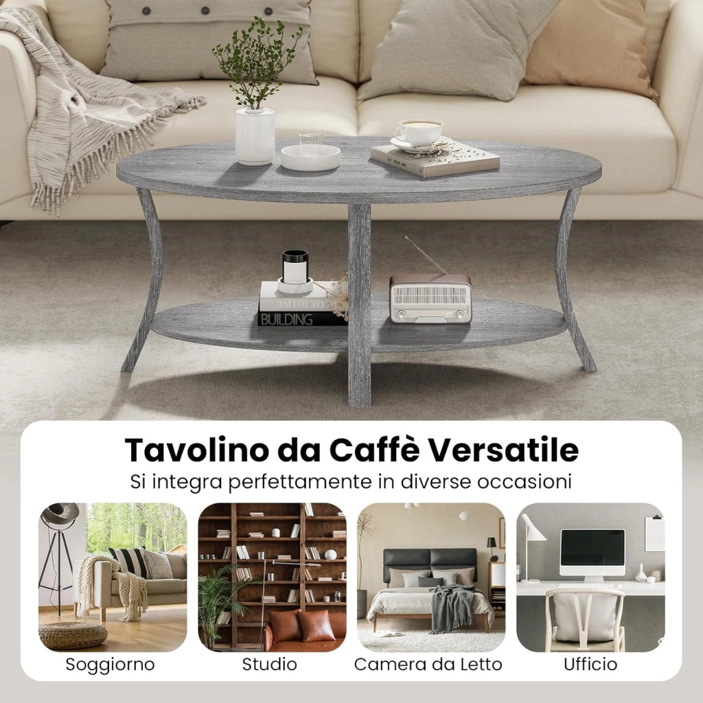 Tavolino da Caffè Ovale a 2 Livelli, Tavolino Basso da Salotto in Legno con Ampio Piano e Ripiano Aperto, Design Rustico per Soggiorno, Ufficio e Studio, 111 x 60,5 x 47 cm (Grigio)