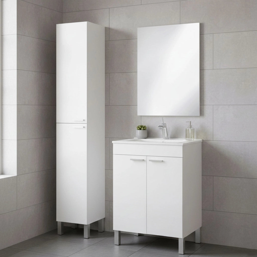 Dossena, set Mobili Bagno Specchio Incluso, Bianco Lucido