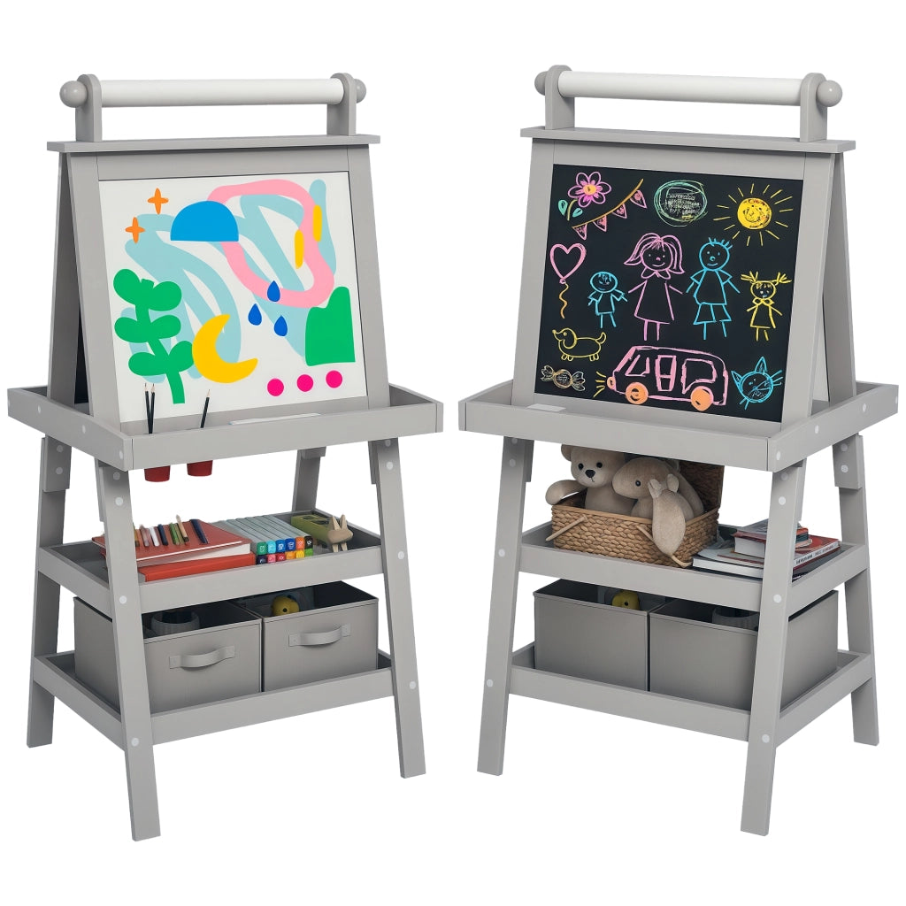 Tavolo da Disegno per Bambini 3 in 1 con Lavagna e Cestino ¨C Zephmum ¨C Grigio