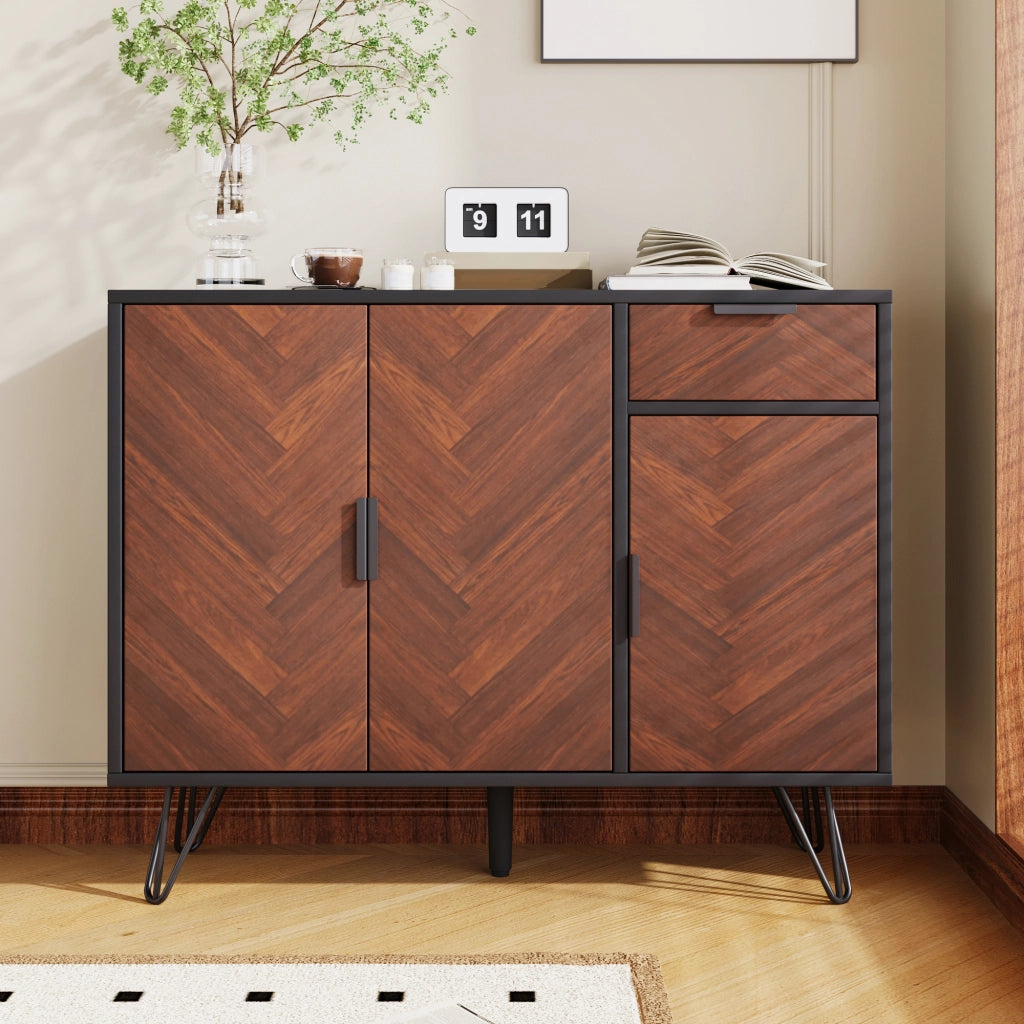 Credenza con 3 Ante e 1 Cassetto; Ripiani Regolabili in Altezza; Stile Moderno; in MDF; Nero e Legno; 90??30??71;5 cm
