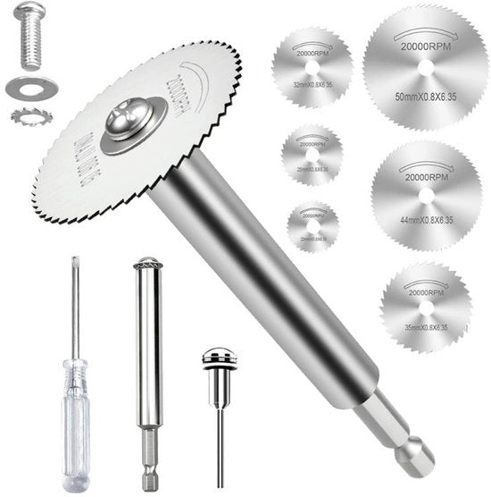 Boorschijf rotativa con 6 lame da taglio e 1 estensione di 106 mm Adatto per il taglio di tubi in PVC, legno, materiali plastici e metalli teneri.