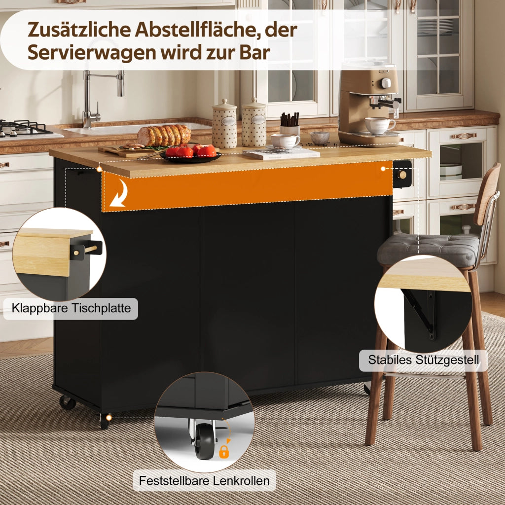 CARRELLO ISOLA CUCINA CON PIANO RIBALTABILE 130x70x93 cm MDF Nero