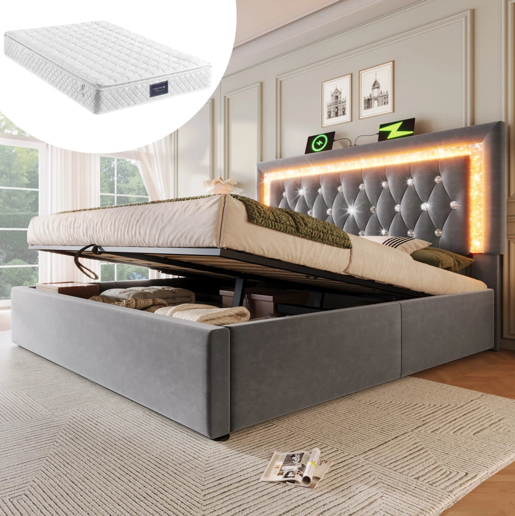 Letto matrimoniale 140x200 in velluto grigio con LED e materasso