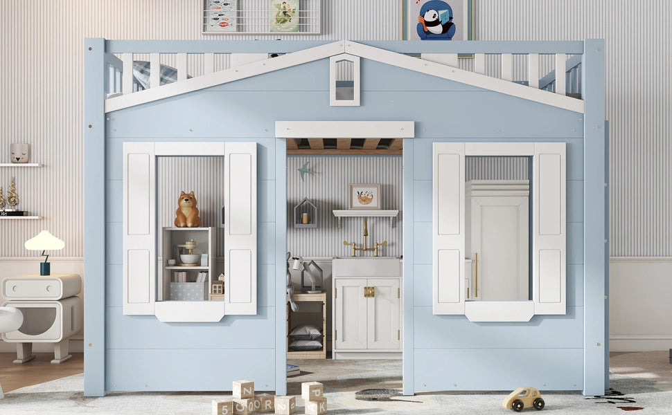 Letto a castello bambini blu in pino e MDF con funzione contenitore 90x200 cm