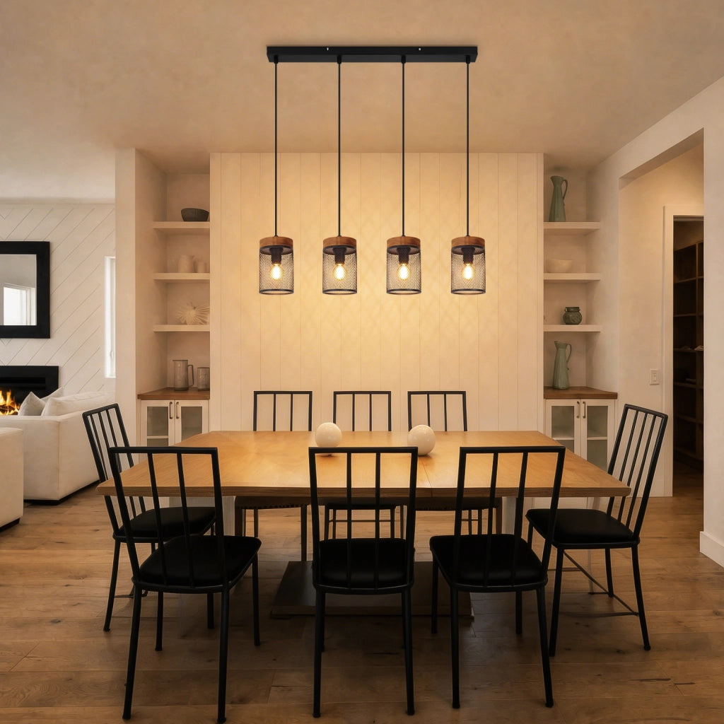ZMH Lampada a Sospensione Vintage Legno Nero 4 Luci Retro E14 Metall per Soggiorno Sala da Pranzo Cucina Senza Lampadina